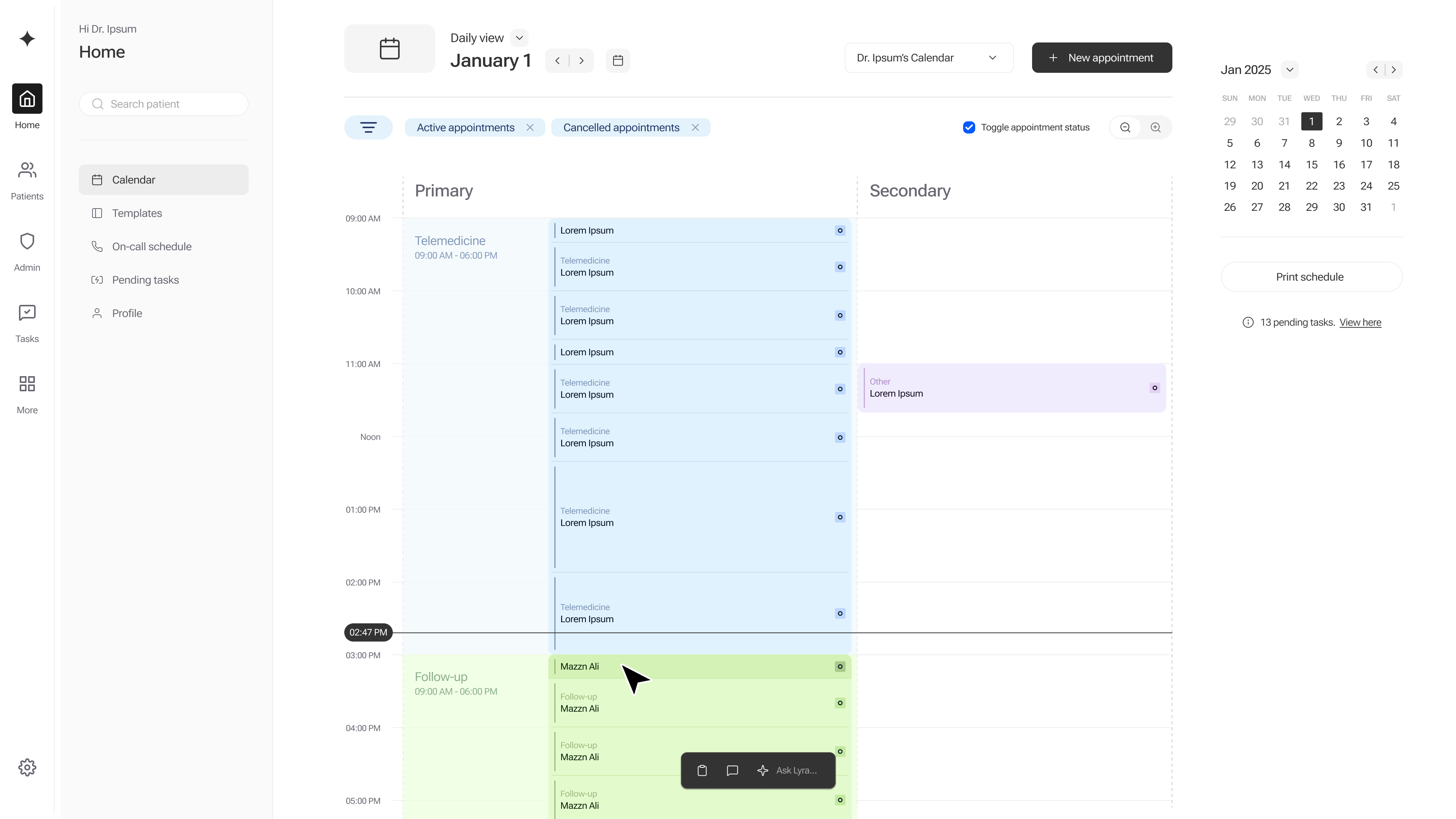 Lyra EMR calendar view showing a clinician's day: telemedicine appointments, follow-ups, a monthly mini-calendar, pending tasks, and the Ask Lyra assistant toolbar.